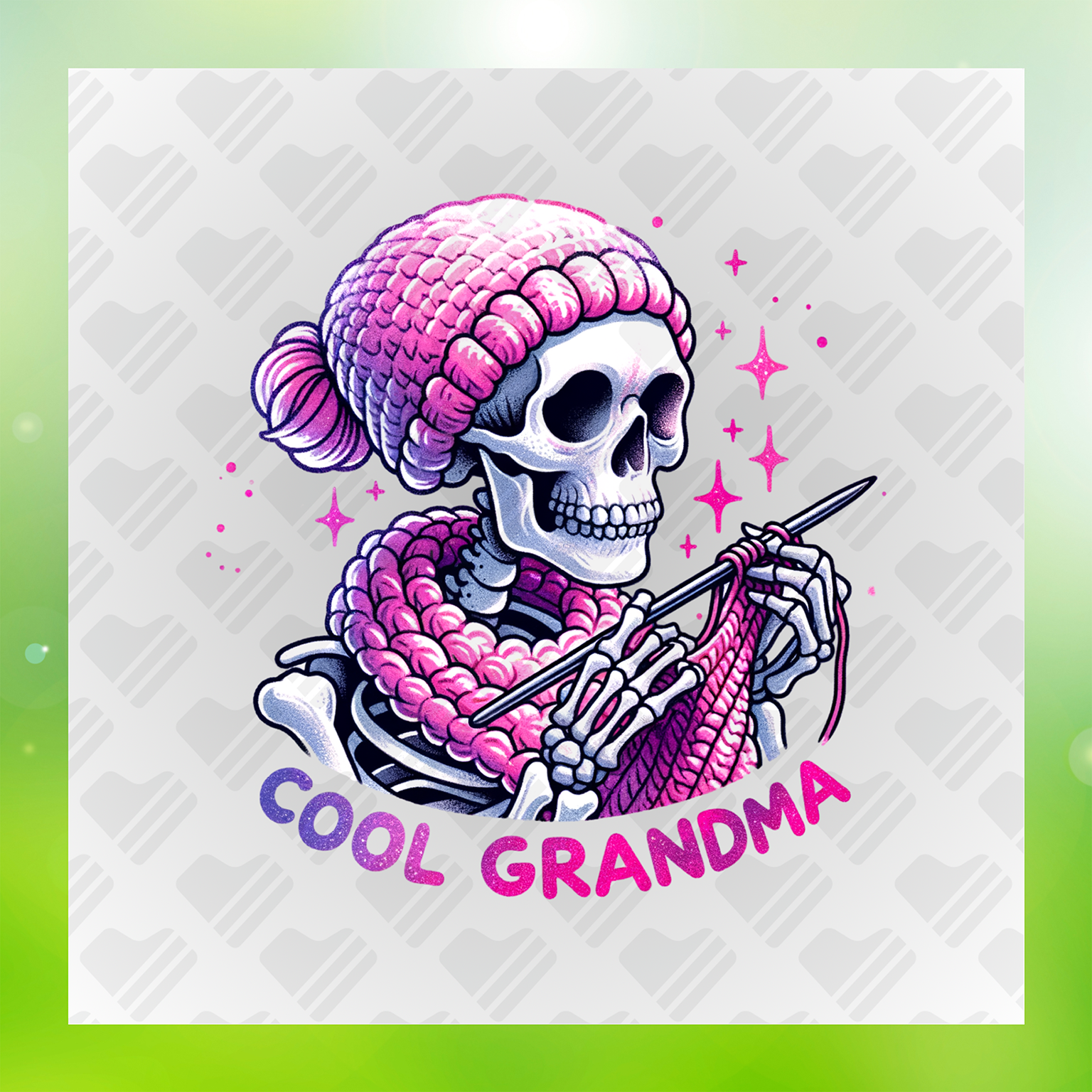 Chic Crafty Skeleton Knitting 'Cool Grandma' Transfer