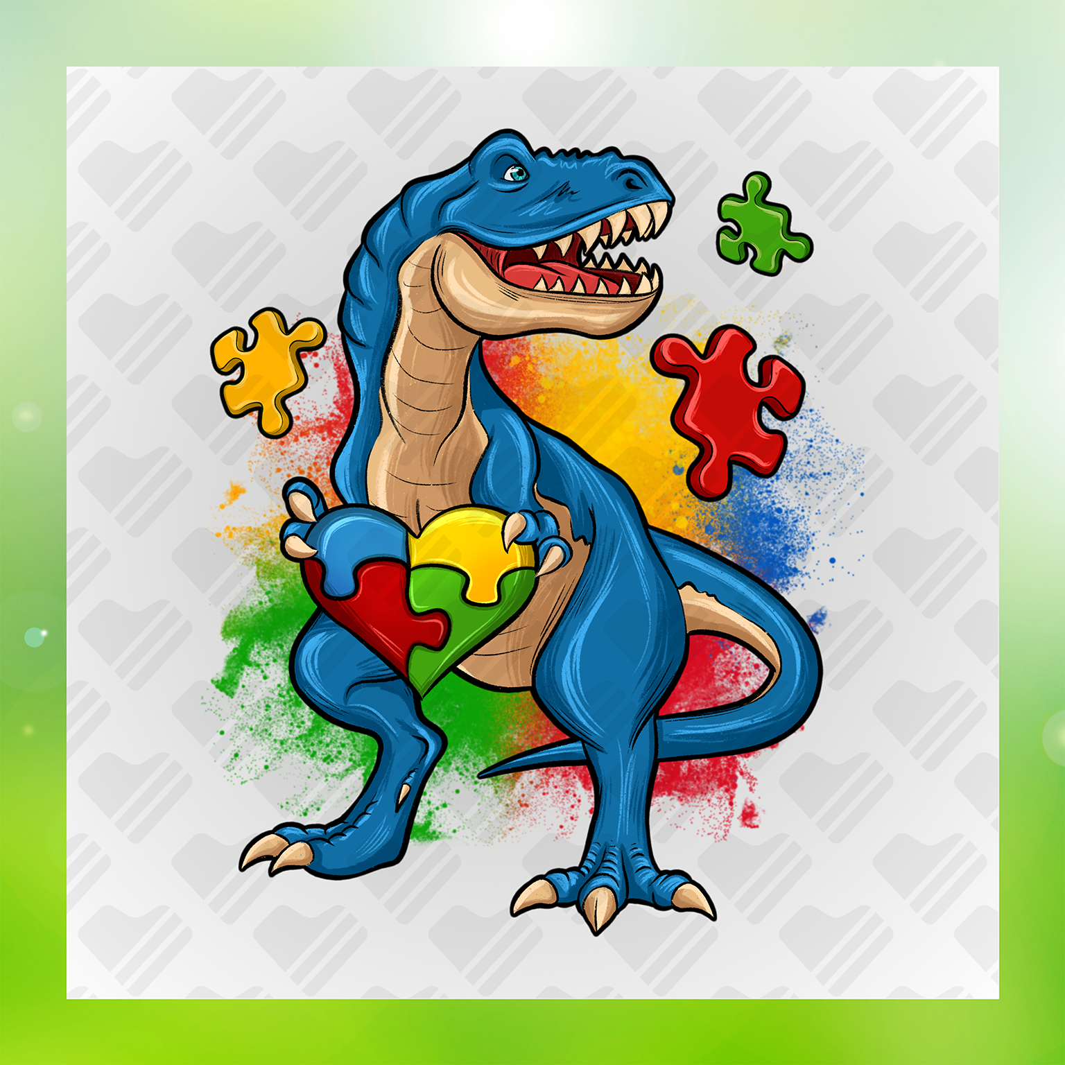 TRex With Puzzle Heart Color Splash DTF Transfer Transfer