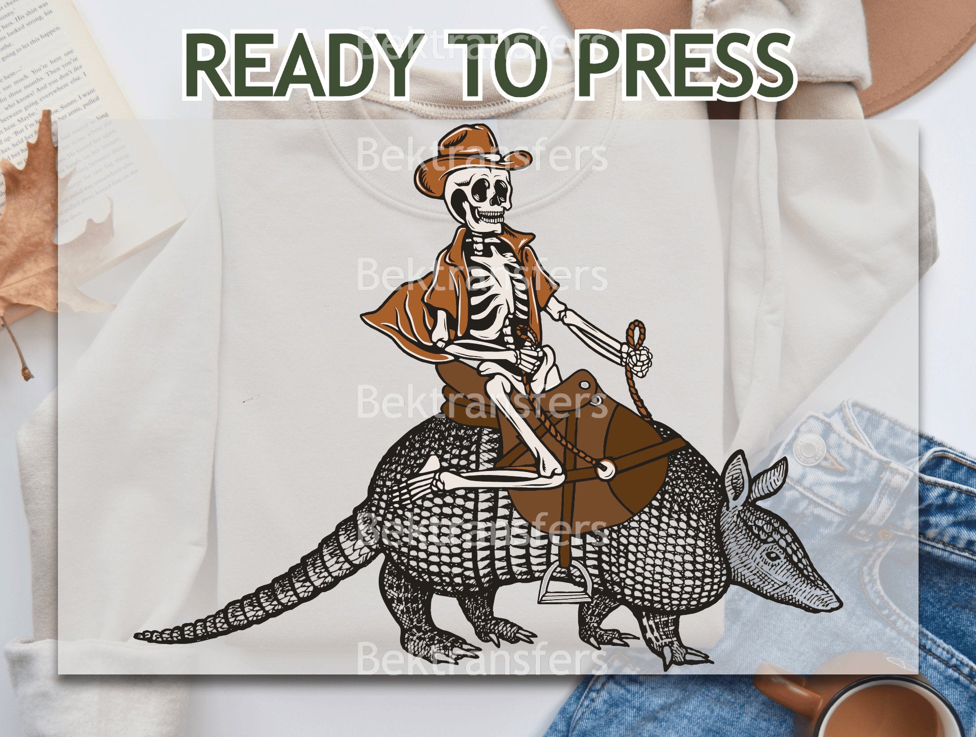 Skeleton Cowboy Rides Armadillo Transfer