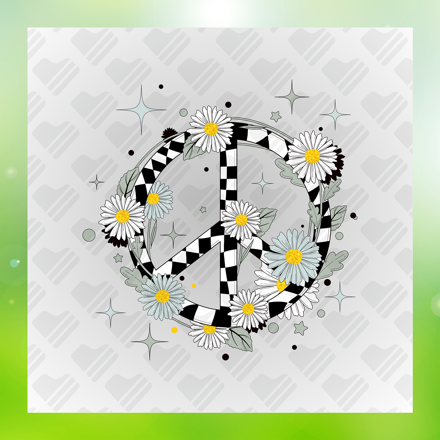 Checkerboard Peace Sign And Daisies Transfer
