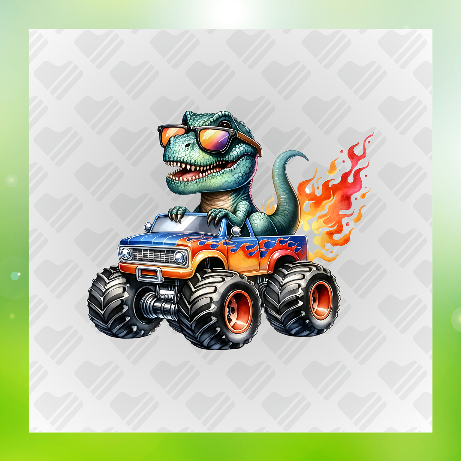 T-Rex Rides Flaming Trails Transfer